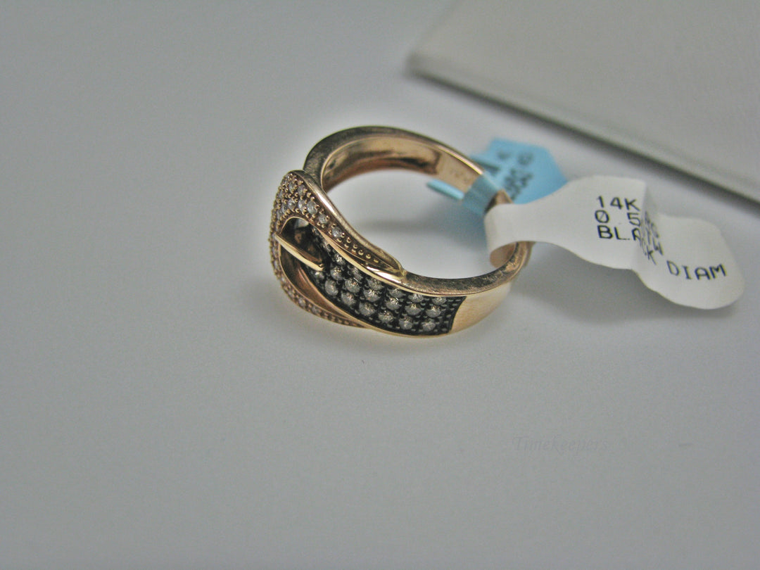 H033 Stunning 14k Rose Gold White and Black Diamonds Buckle Ring