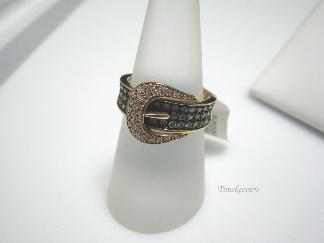 H033 Stunning 14k Rose Gold White and Black Diamonds Buckle Ring