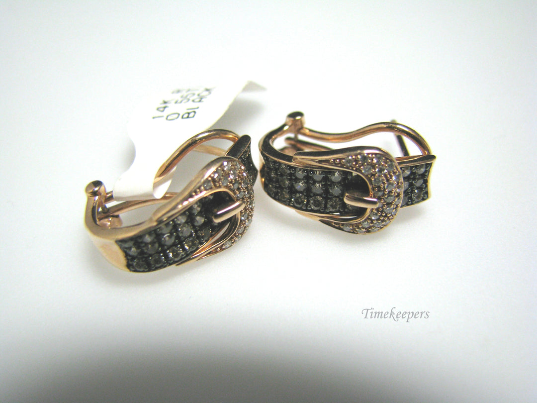 H034 Stunning 14k Rose Gold White and Black Diamonds Buckle Earrings