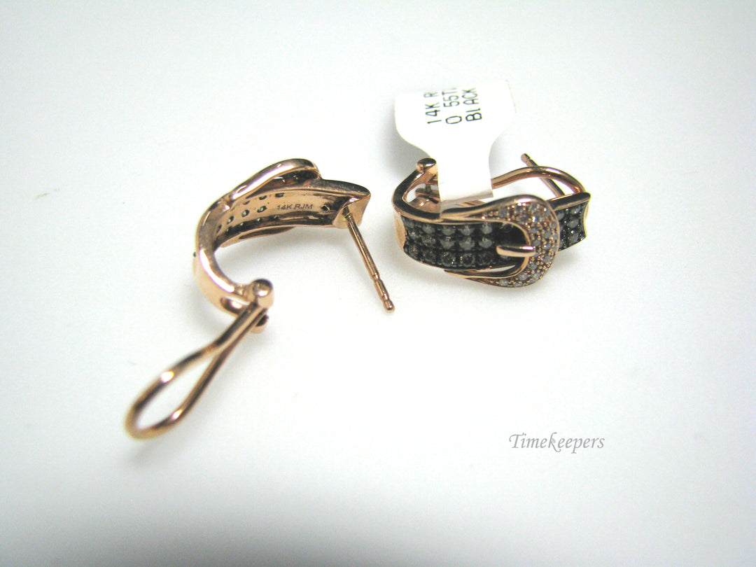 H034 Stunning 14k Rose Gold White and Black Diamonds Buckle Earrings