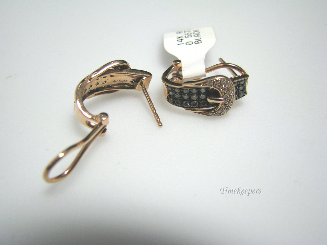 H034 Stunning 14k Rose Gold White and Black Diamonds Buckle Earrings