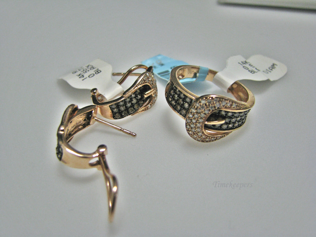 H034 Stunning 14k Rose Gold White and Black Diamonds Buckle Earrings