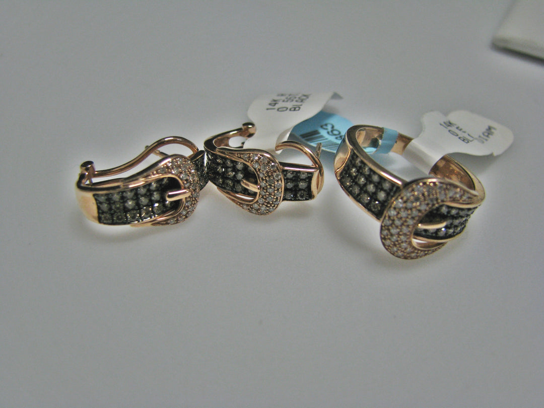 H034 Stunning 14k Rose Gold White and Black Diamonds Buckle Earrings