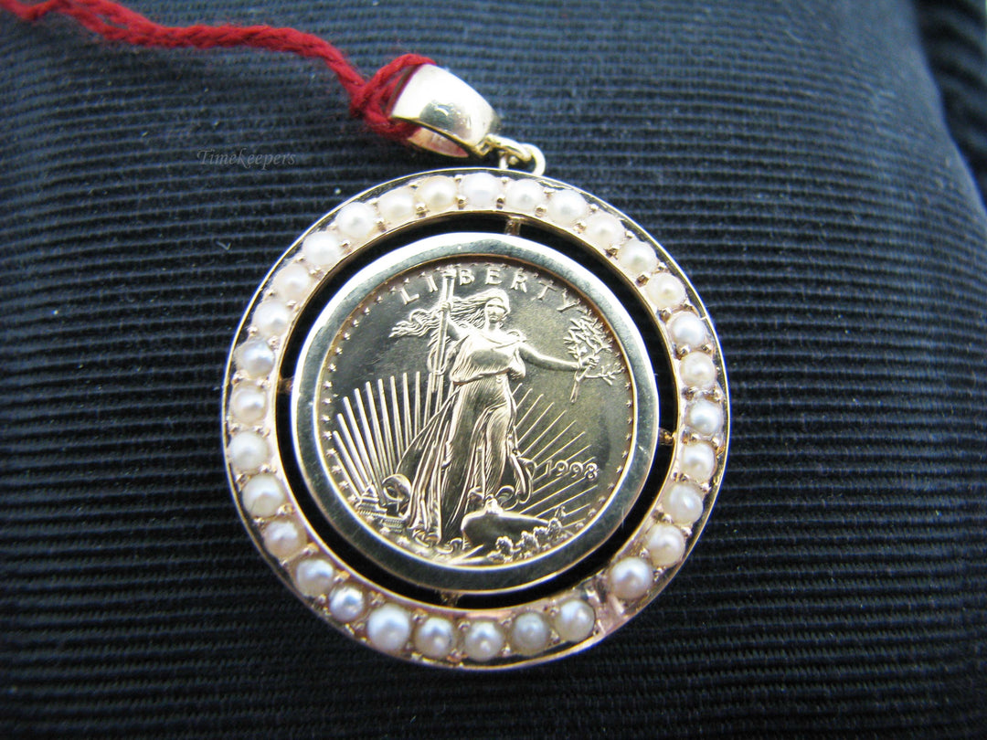 a972 14k Yellow Gold Seed Pearl $5 US Coin Pendant