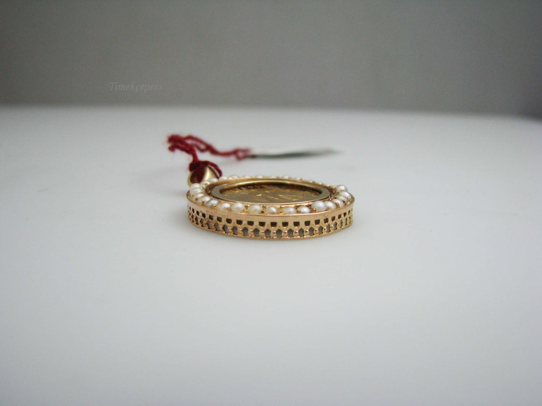 a972 14k Yellow Gold Seed Pearl $5 US Coin Pendant