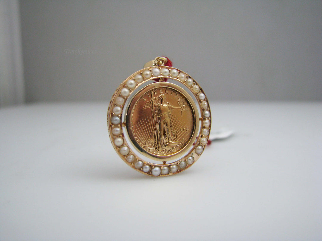 a972 14k Yellow Gold Seed Pearl $5 US Coin Pendant