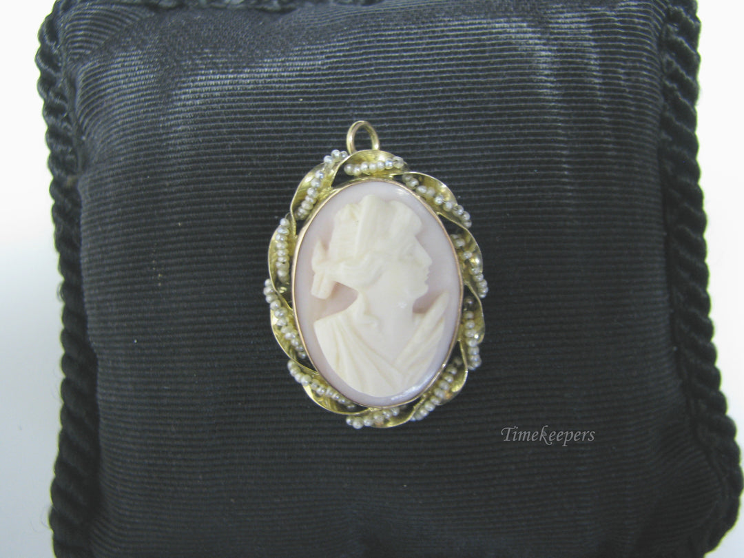 H047 Gorgeous Cameo Pendant/Pin with Pearls in 14k Yellow Gold