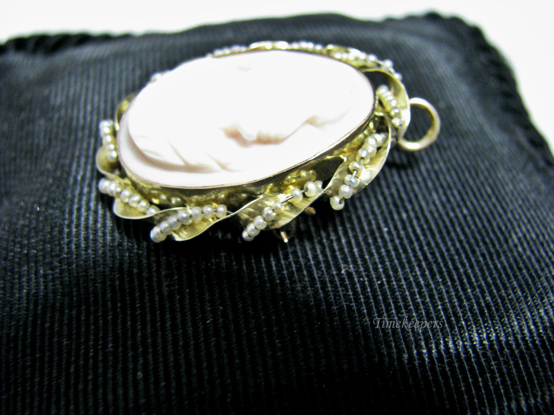 H047 Gorgeous Cameo Pendant/Pin with Pearls in 14k Yellow Gold