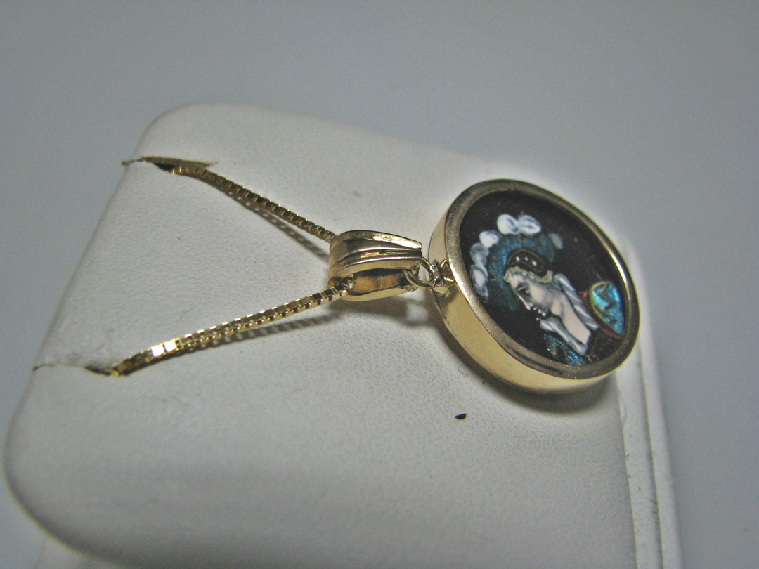H066 Unique Painted Enamel Cameo Necklace in 14k Yellow Gold