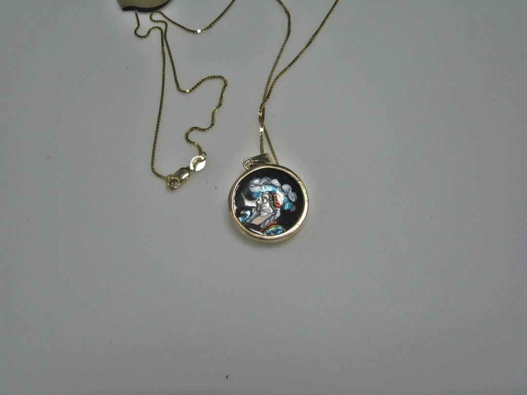 H066 Unique Painted Enamel Cameo Necklace in 14k Yellow Gold