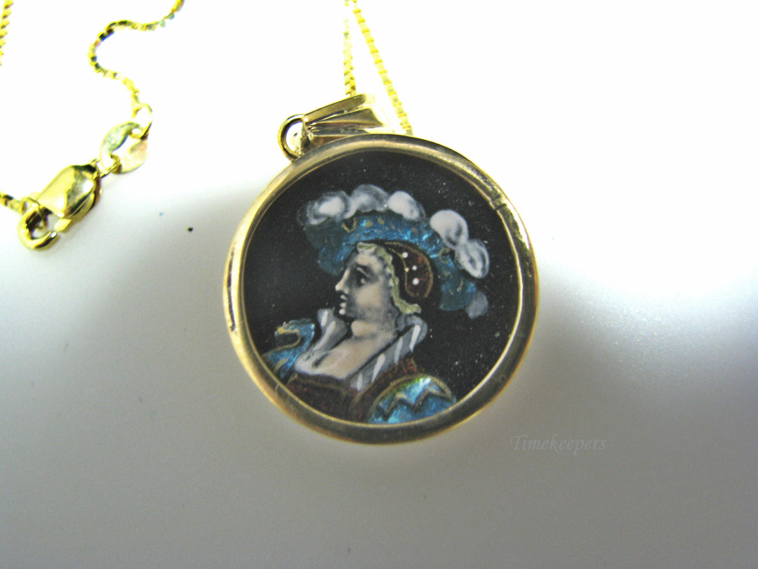 H066 Unique Painted Enamel Cameo Necklace in 14k Yellow Gold