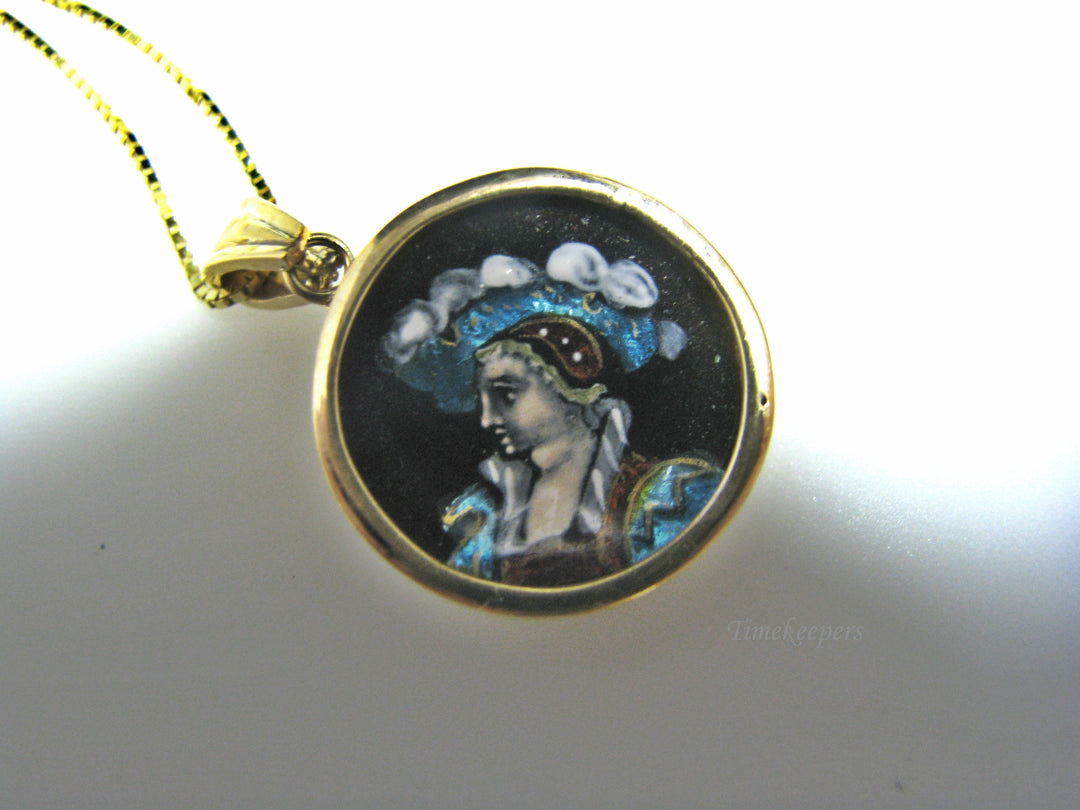 H066 Unique Painted Enamel Cameo Necklace in 14k Yellow Gold