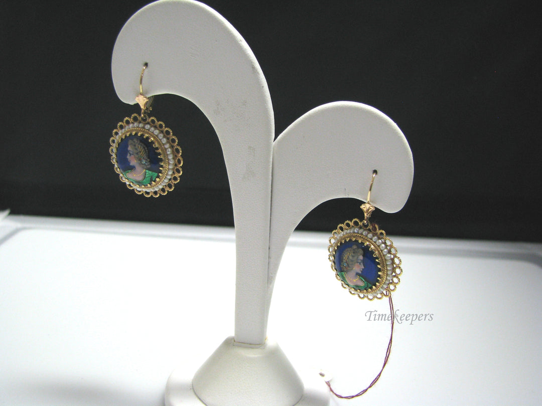 H067 Beautiful Enamel Earrings with Sea Pearls in 14k Yellow Gold