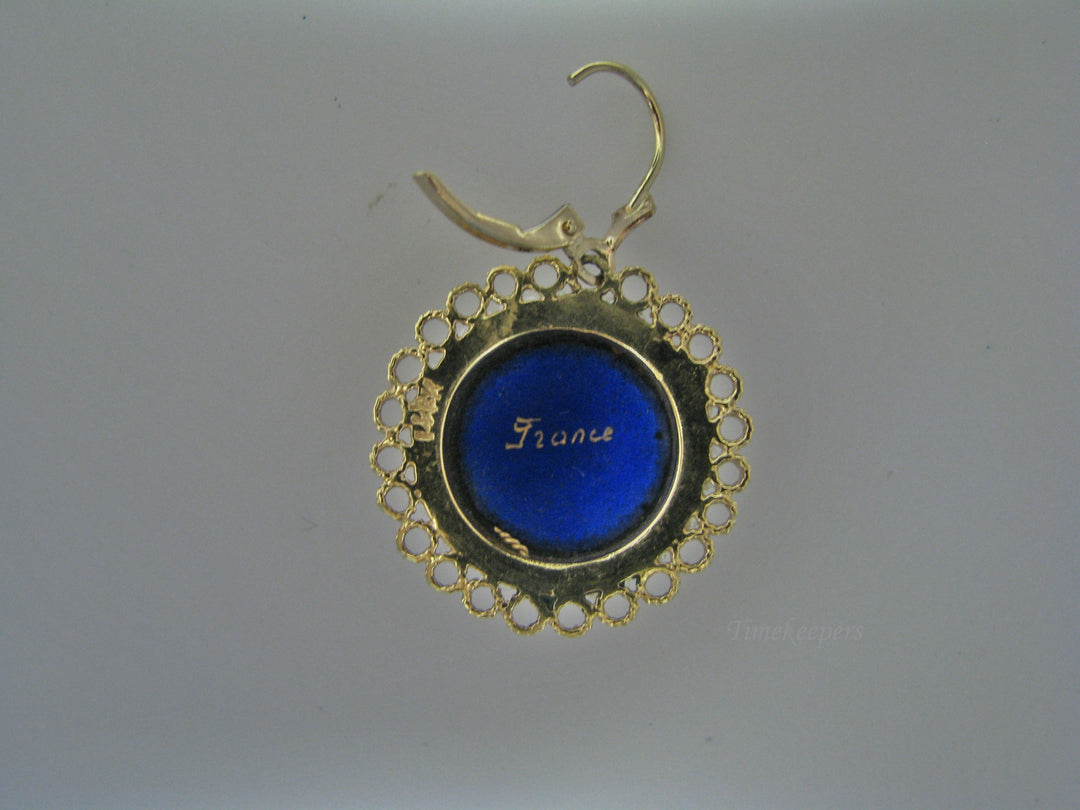 H067 Beautiful Enamel Earrings with Sea Pearls in 14k Yellow Gold