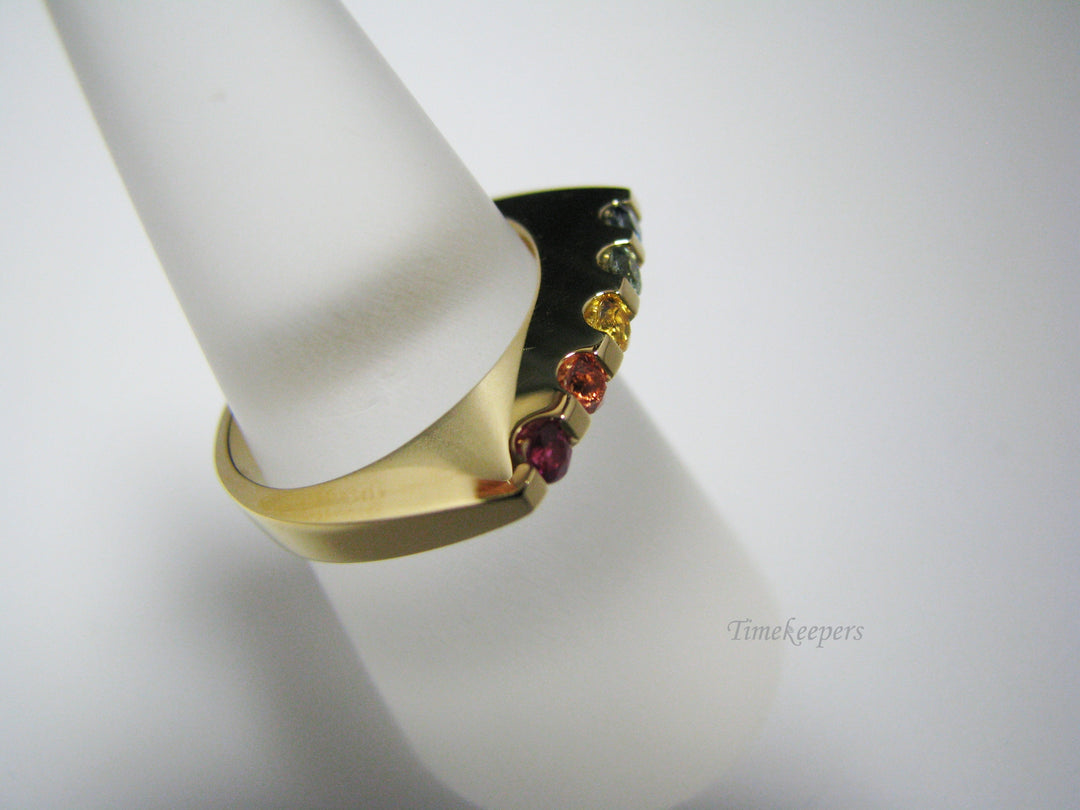 c966 Unique Channel Set Rainbow Sapphires Ring in 18k Yellow Gold