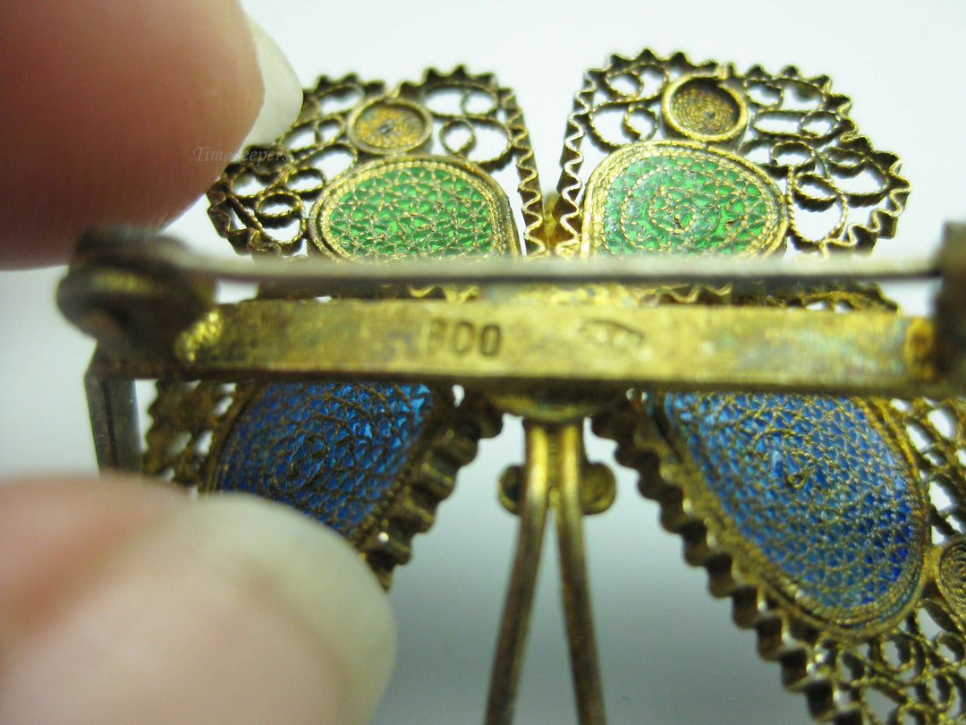 b671 Cute Antique Blue and Green Enamel Spun Filigree Butterfly Brooch