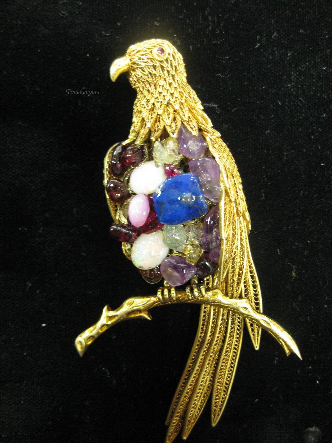 b688 Unique 14kt Yellow Gold Filigree Bird with Gemstone Belly