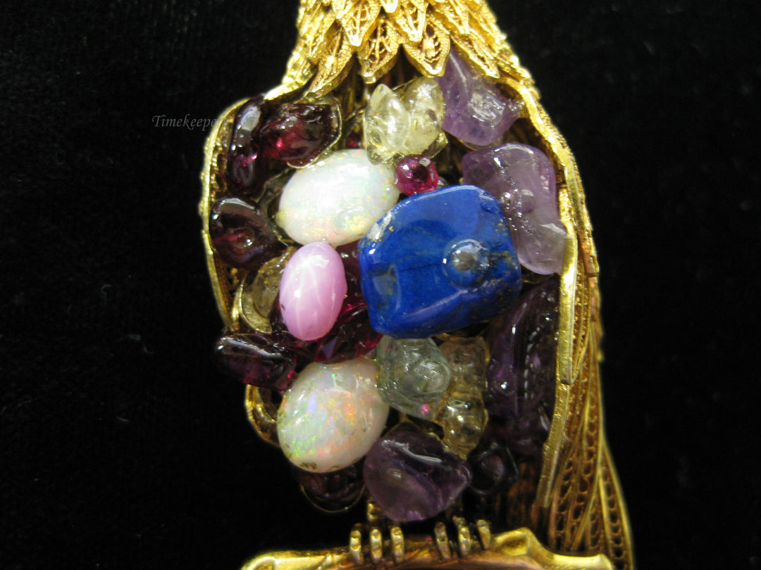 b688 Unique 14kt Yellow Gold Filigree Bird with Gemstone Belly