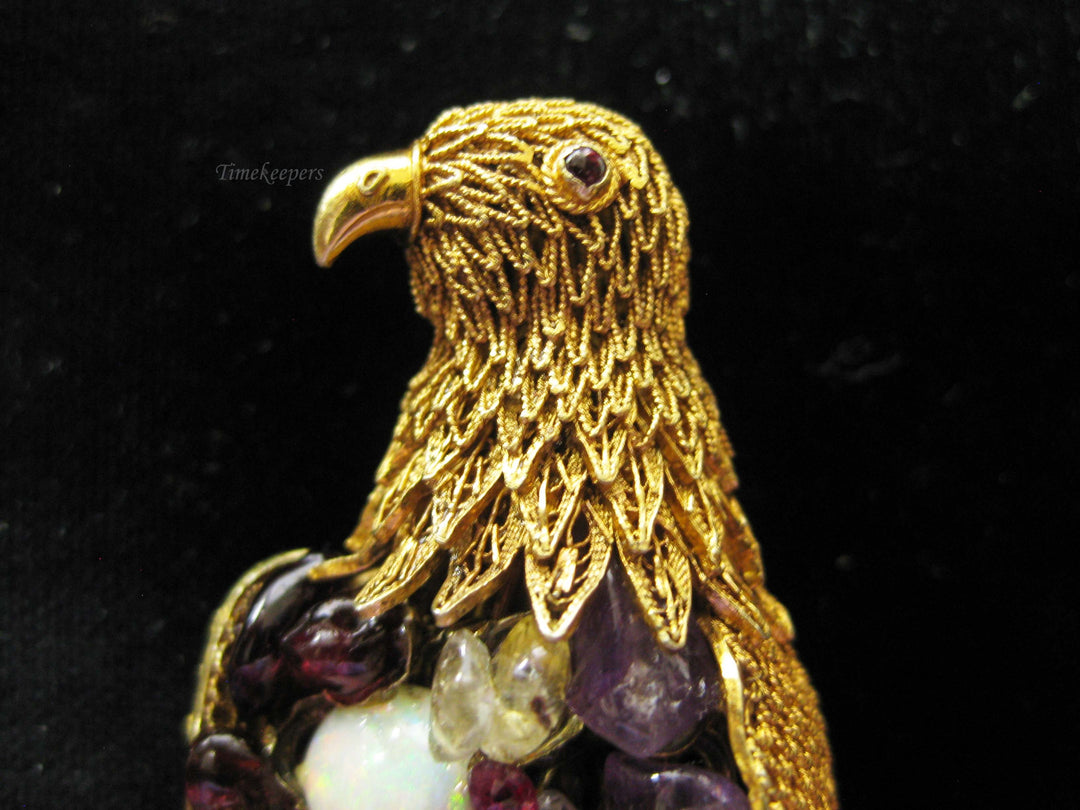 b688 Unique 14kt Yellow Gold Filigree Bird with Gemstone Belly