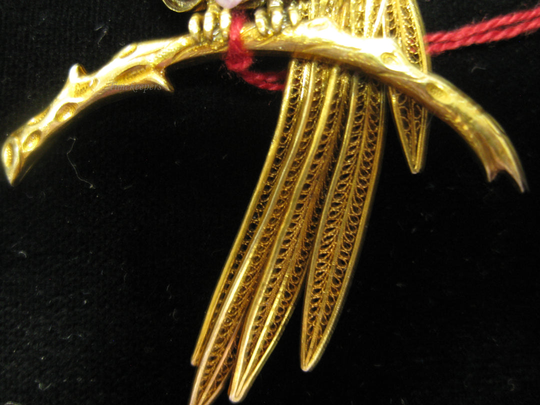 b688 Unique 14kt Yellow Gold Filigree Bird with Gemstone Belly
