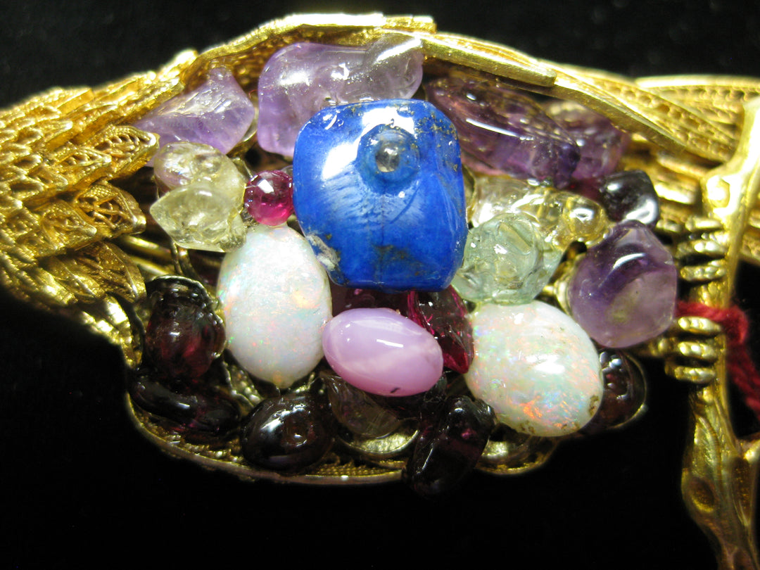 b688 Unique 14kt Yellow Gold Filigree Bird with Gemstone Belly