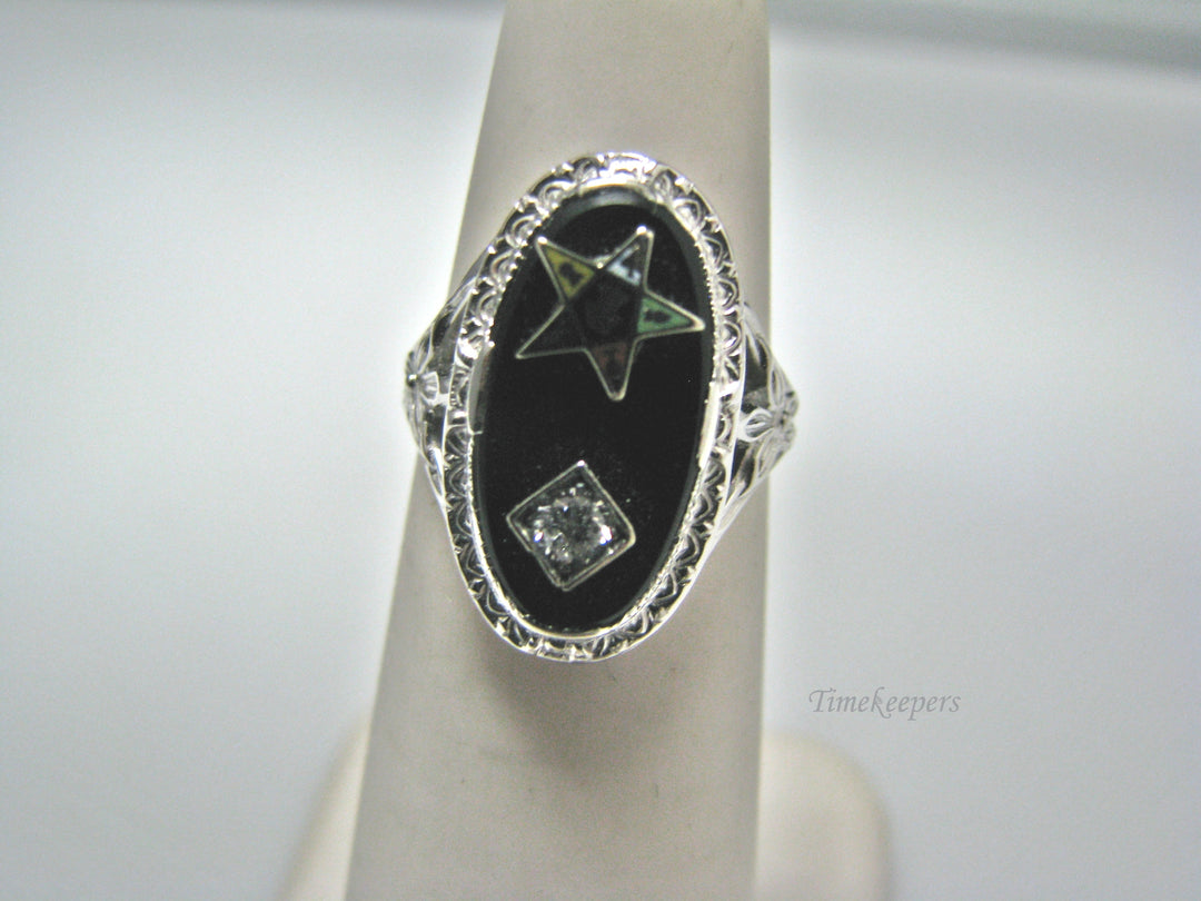 H126 Stunning Black Onyx with Diamond and Eastern Star Ring in 18k White Gold