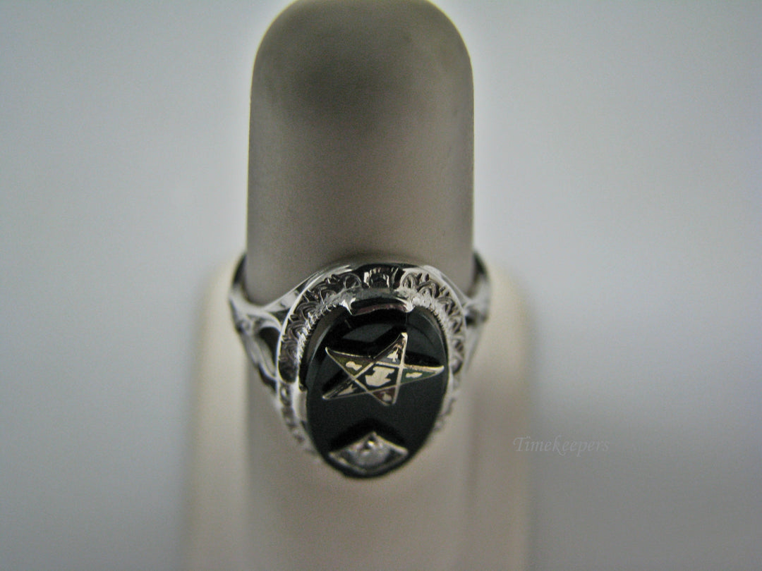 H126 Stunning Black Onyx with Diamond and Eastern Star Ring in 18k White Gold