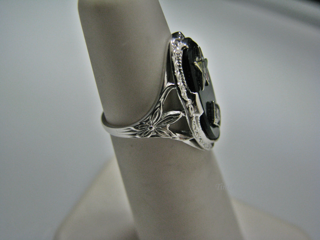 H126 Stunning Black Onyx with Diamond and Eastern Star Ring in 18k White Gold