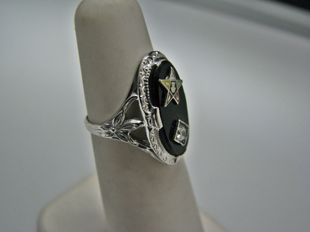 H126 Stunning Black Onyx with Diamond and Eastern Star Ring in 18k White Gold