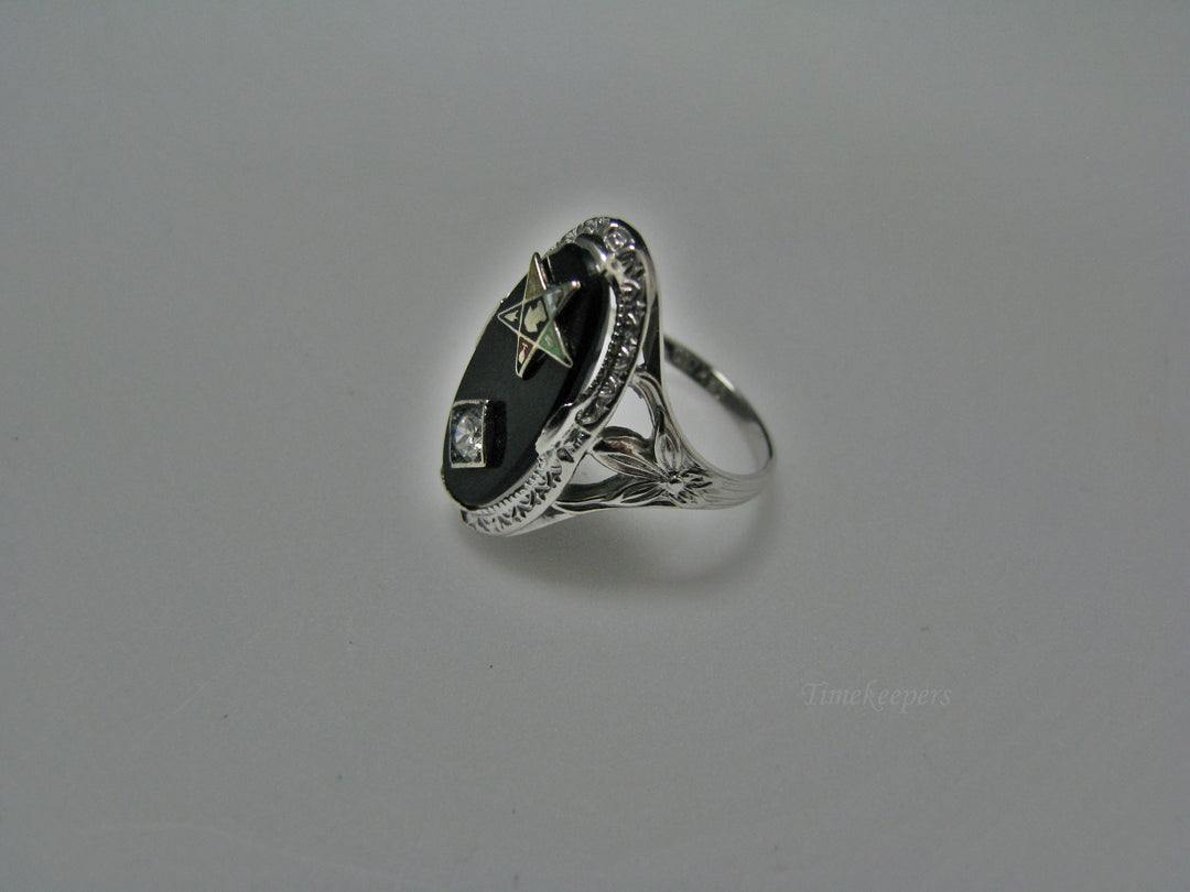 H126 Stunning Black Onyx with Diamond and Eastern Star Ring in 18k White Gold