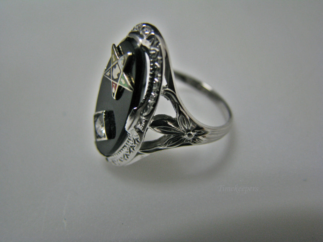 H126 Stunning Black Onyx with Diamond and Eastern Star Ring in 18k White Gold