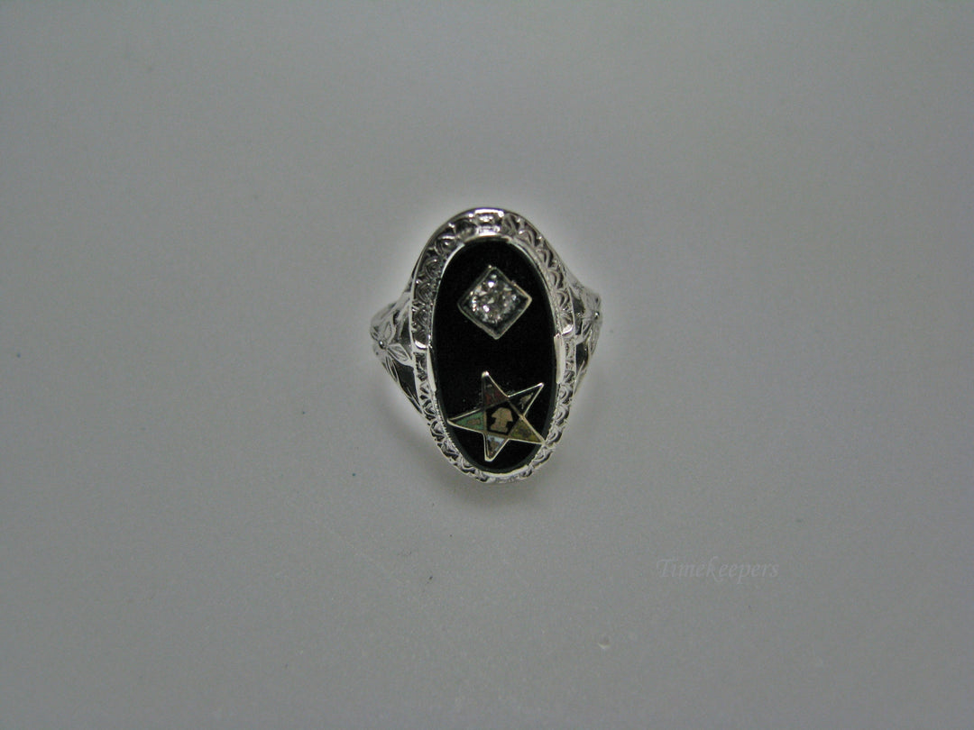 H126 Stunning Black Onyx with Diamond and Eastern Star Ring in 18k White Gold
