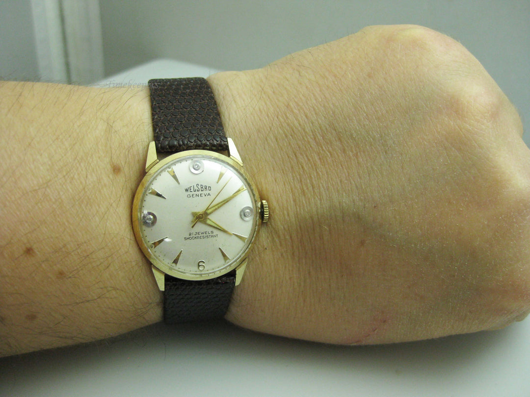 b714 Unisex 1970s 14kt Yellow Gold Welsbro 21 Jewel Shock Resistant Mechanical Wristwatch