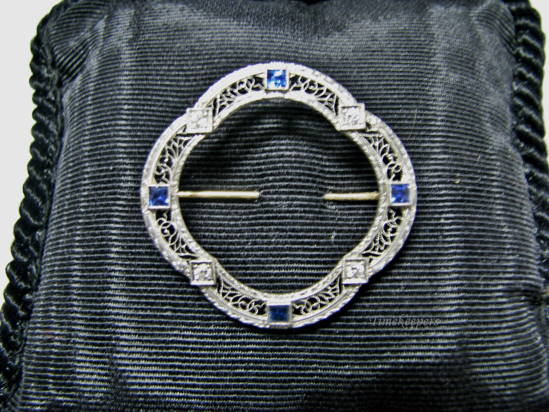 H143 Stunning 14k WGold and YGold Filigree Pin/ Brooch with Sapphire and Diamond