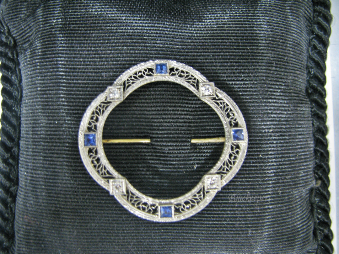 H143 Stunning 14k WGold and YGold Filigree Pin/ Brooch with Sapphire and Diamond