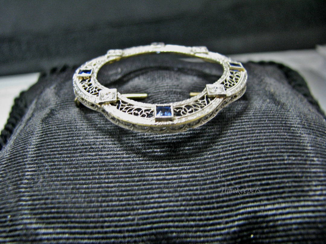H143 Stunning 14k WGold and YGold Filigree Pin/ Brooch with Sapphire and Diamond