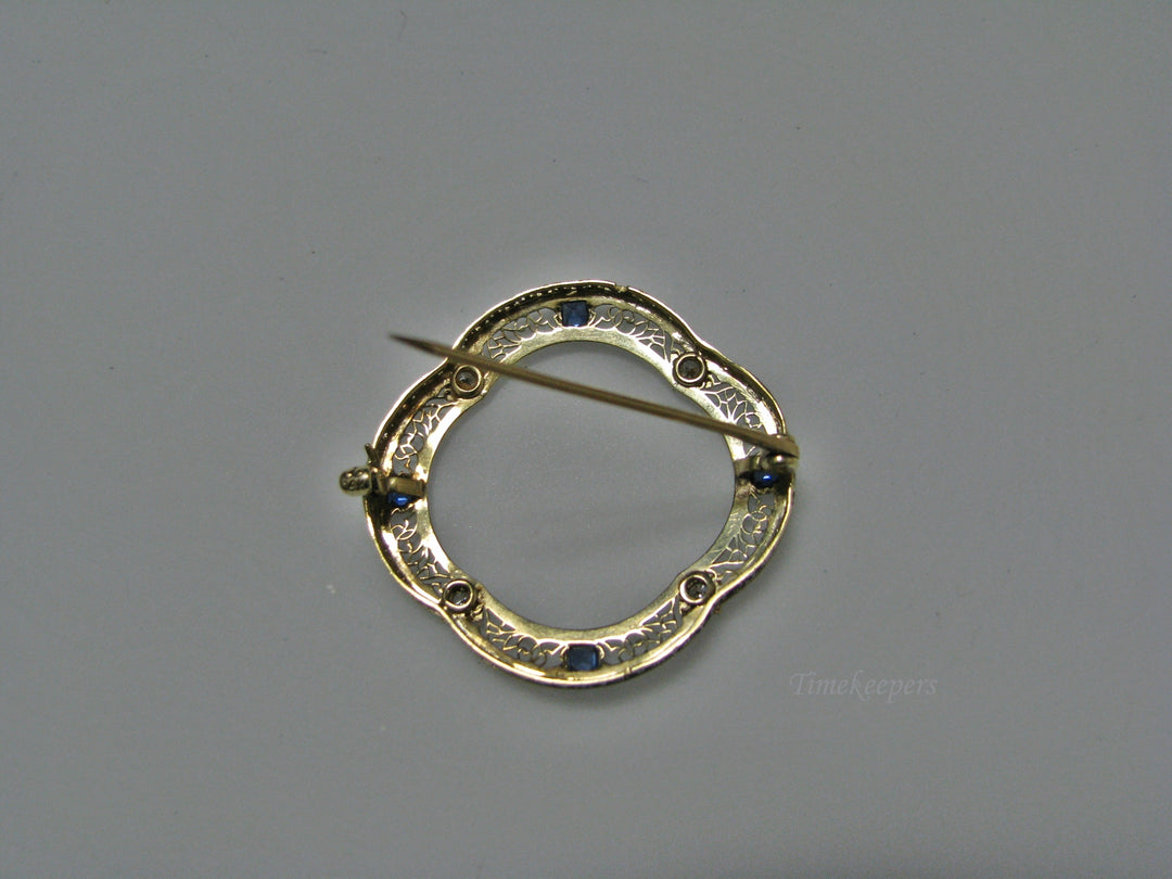 H143 Stunning 14k WGold and YGold Filigree Pin/ Brooch with Sapphire and Diamond