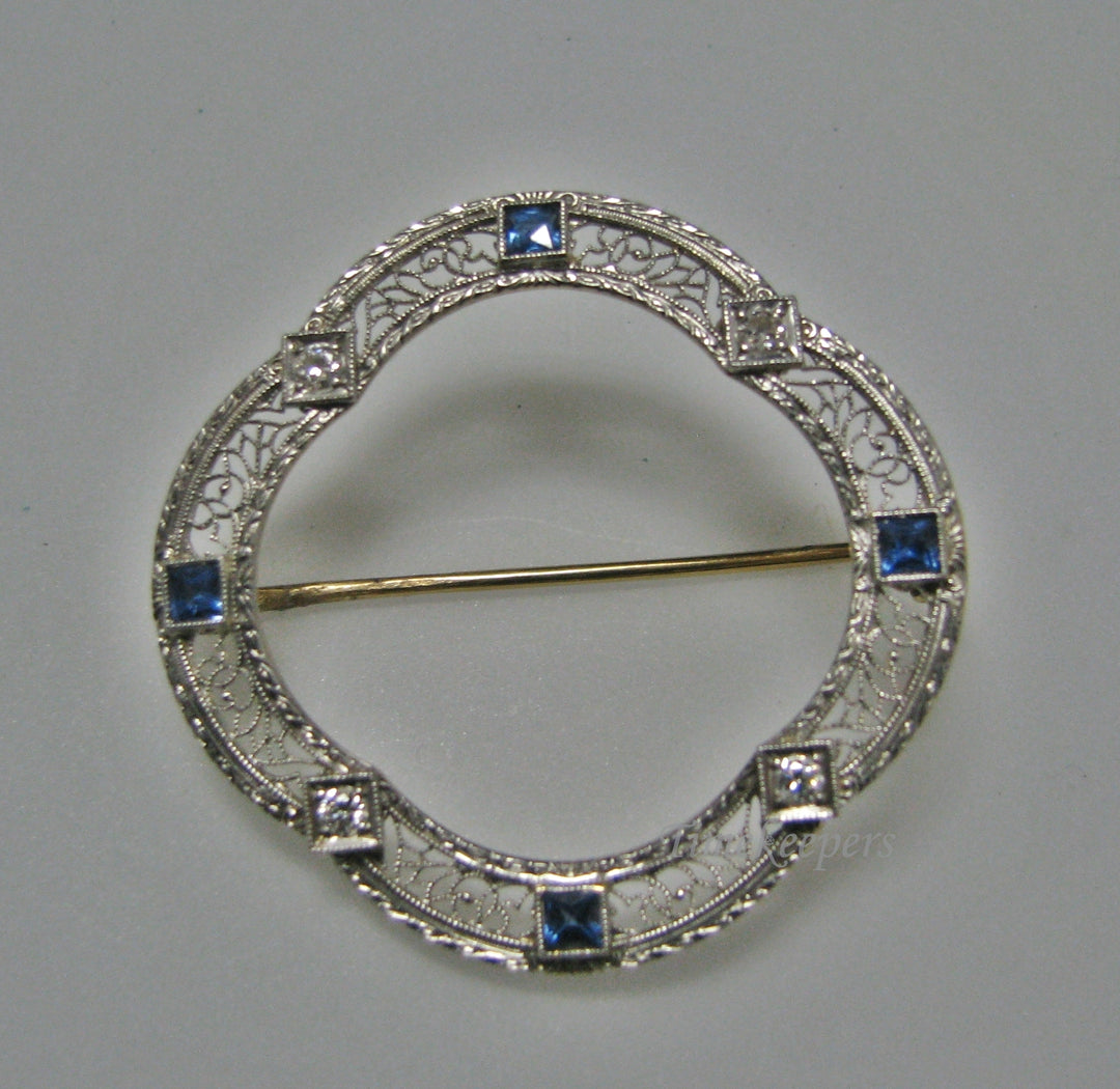 H143 Stunning 14k WGold and YGold Filigree Pin/ Brooch with Sapphire and Diamond