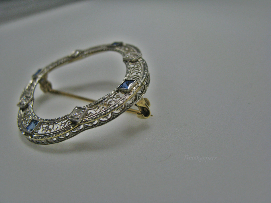 H143 Stunning 14k WGold and YGold Filigree Pin/ Brooch with Sapphire and Diamond