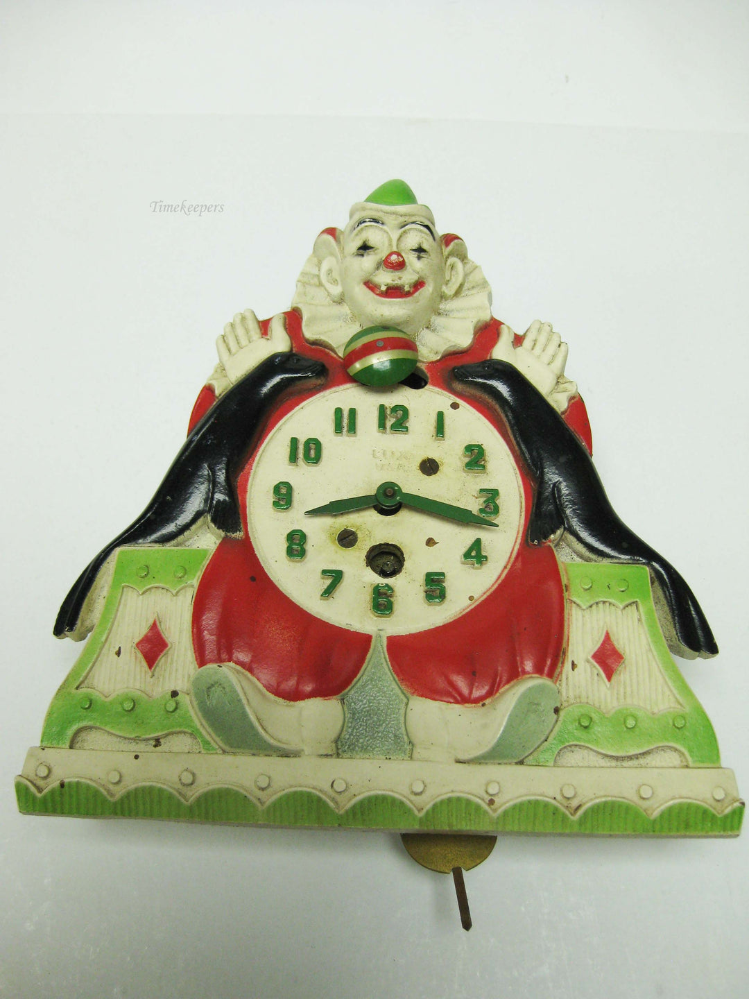 b776 Vintage 1930s Lux Company Animated Clown and Seals Pendulette Wind Up Clock
