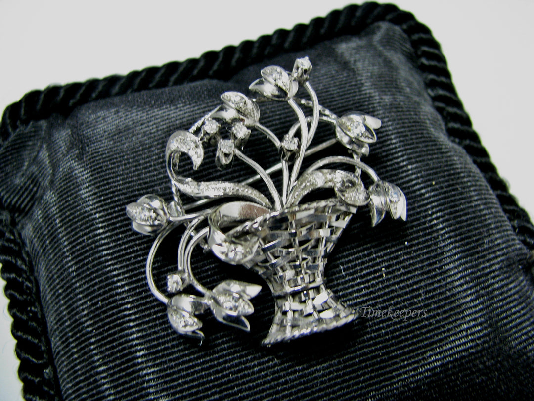 H155 Gorgeous Basket of Flowers in 14k White Gold Pin/Brooch with Diamonds