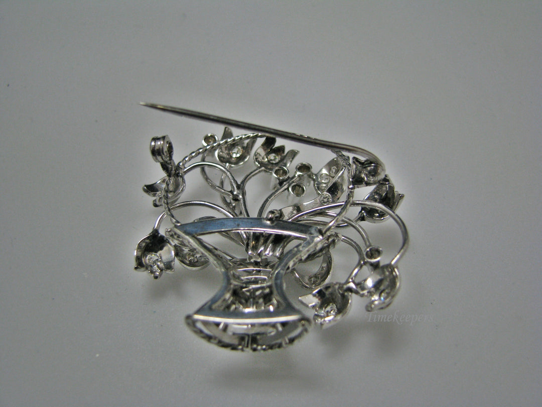 H155 Gorgeous Basket of Flowers in 14k White Gold Pin/Brooch with Diamonds