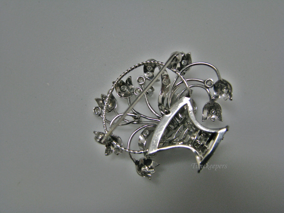 H155 Gorgeous Basket of Flowers in 14k White Gold Pin/Brooch with Diamonds