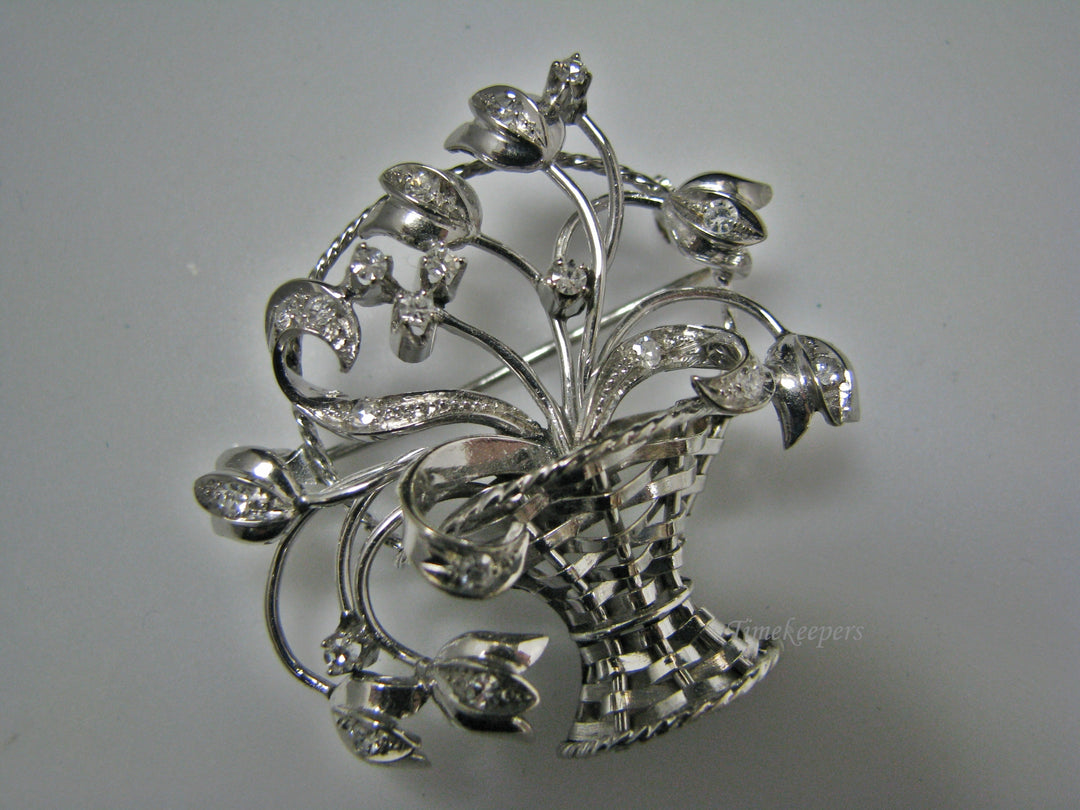 H155 Gorgeous Basket of Flowers in 14k White Gold Pin/Brooch with Diamonds