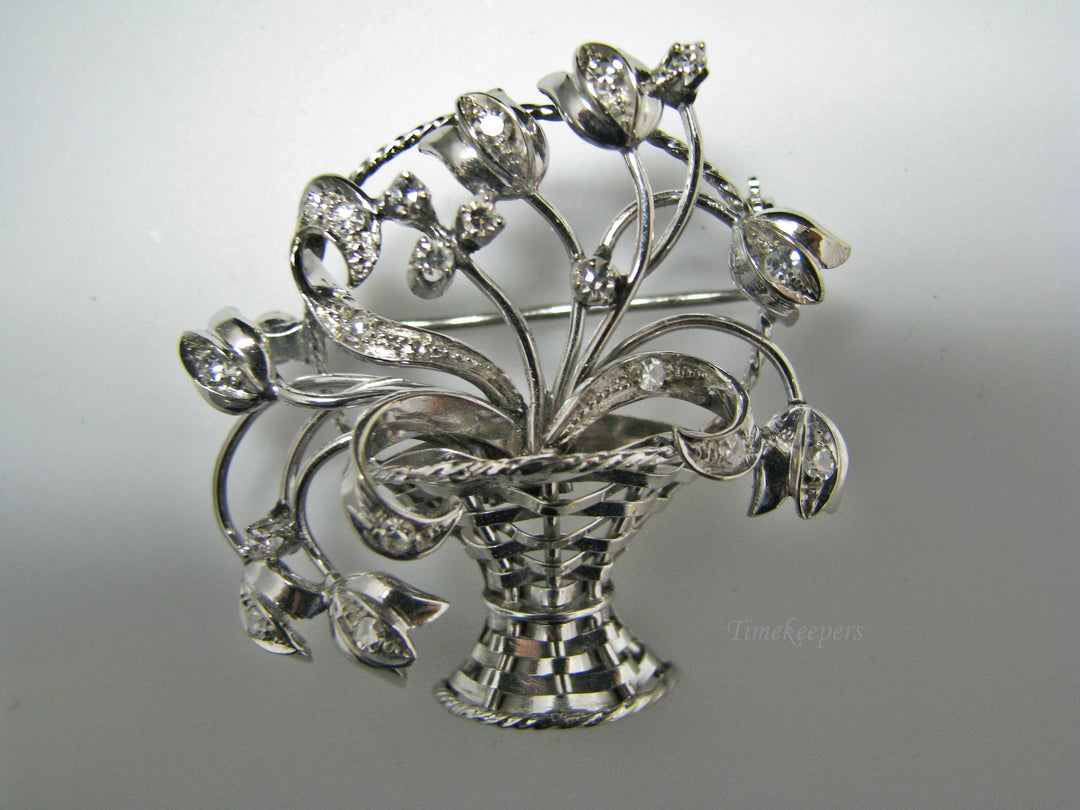 H155 Gorgeous Basket of Flowers in 14k White Gold Pin/Brooch with Diamonds