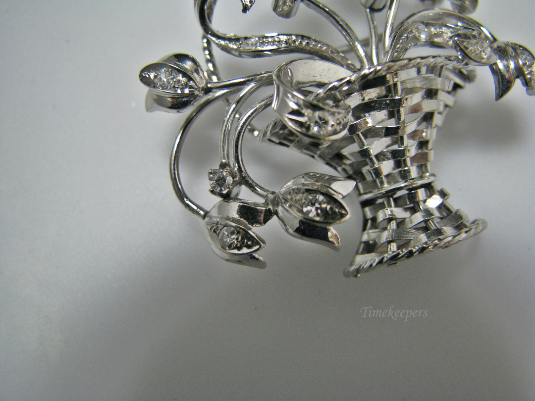 H155 Gorgeous Basket of Flowers in 14k White Gold Pin/Brooch with Diamonds