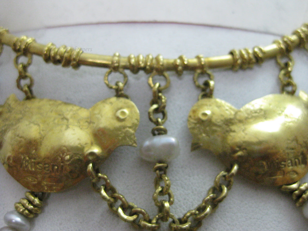 g275 Very Unique Handmade 18kt Yellow Gold Misani Milan Bird Necklace with Pearls and Garnets