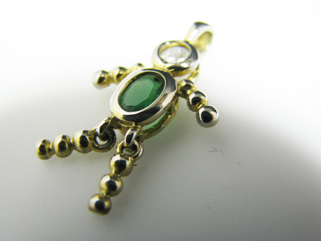 j059 Cute Boy Pendant/ Charm with Green Stone Sterling Silver with Gold Wash