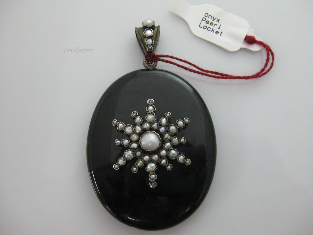 g278 Onyx and Pearl Locket with Pearls on the Bail