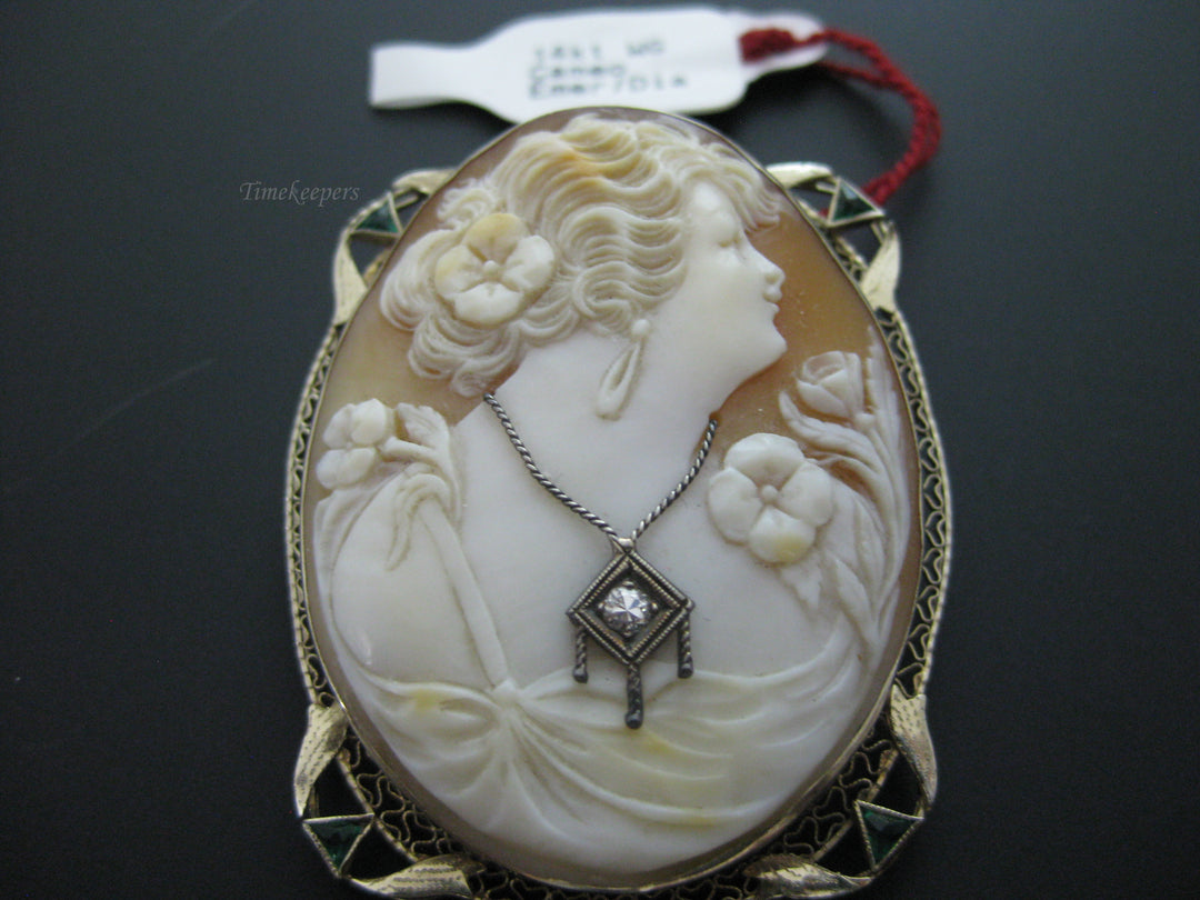g279 Stunning Vintage 14kt White Gold Cameo Brooch with Emeralds and a Diamond